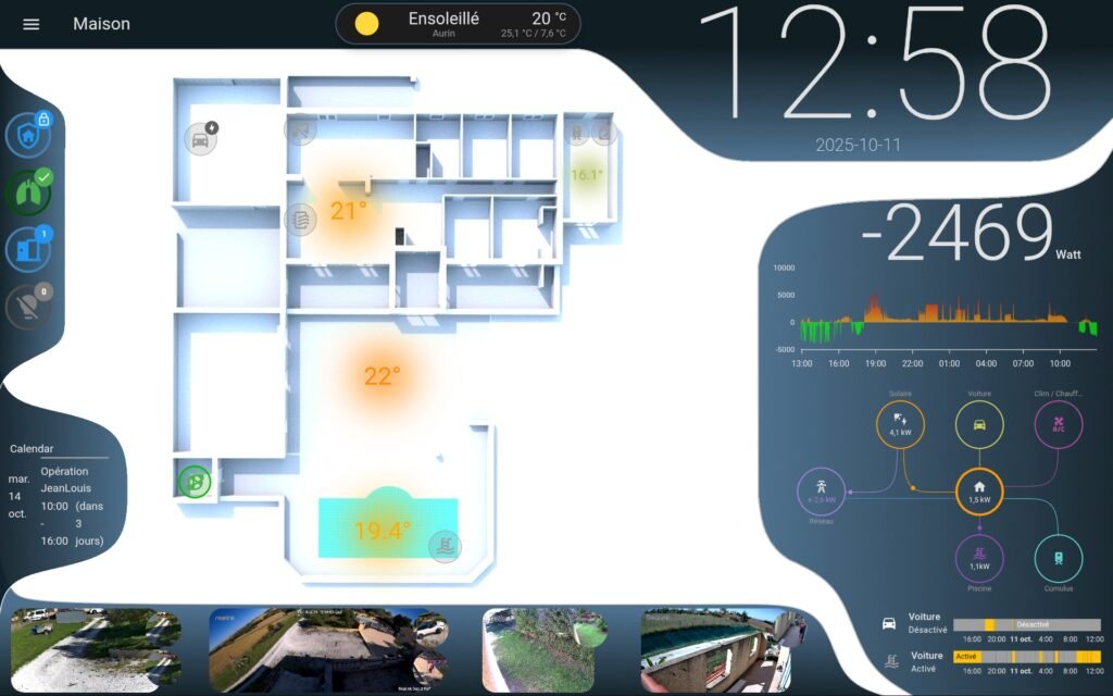 screenshot 20251011 125900 fully kiosk browser Tableau de bord OneHome : plan 3D de la villa avec les températures par pièce, la météo et le suivi énergétique