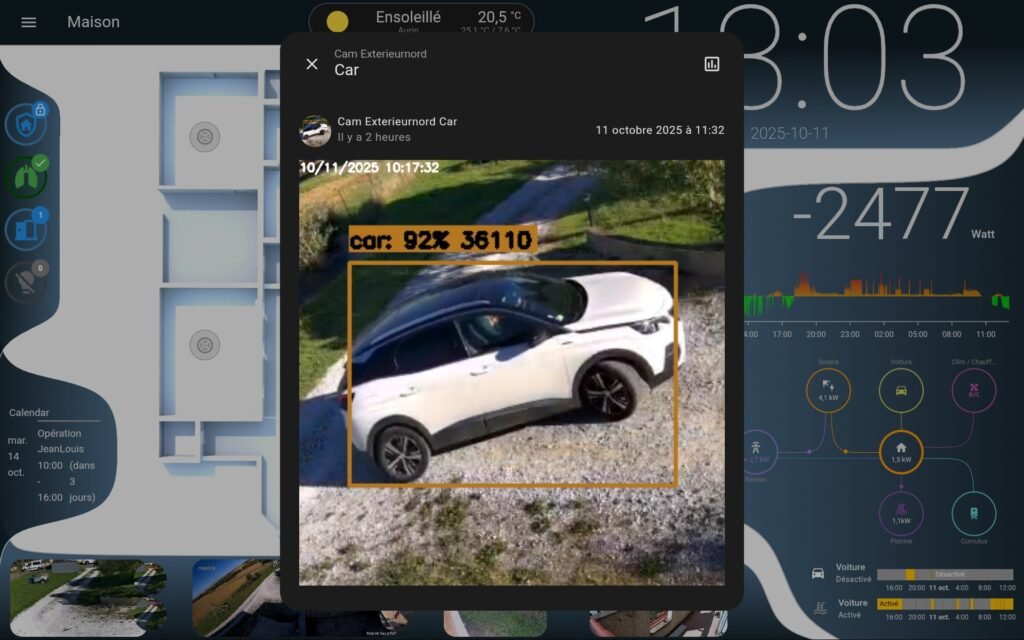 screenshot 20251011 130337 fully kiosk browser Caméra extérieure détectant une voiture dans la cour, affichée sur le tableau de bord